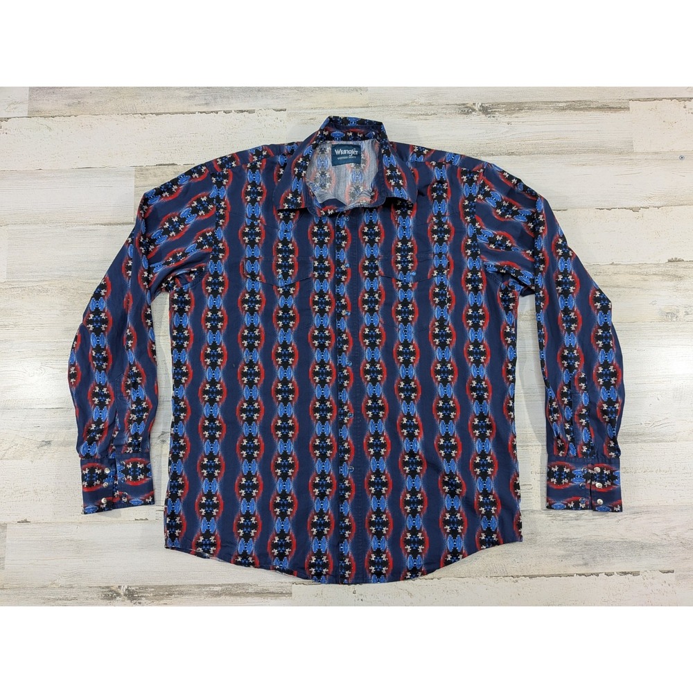Vintage Wrangler Shirt Mens Large Pearl Snap Aztec Southwest Checotah